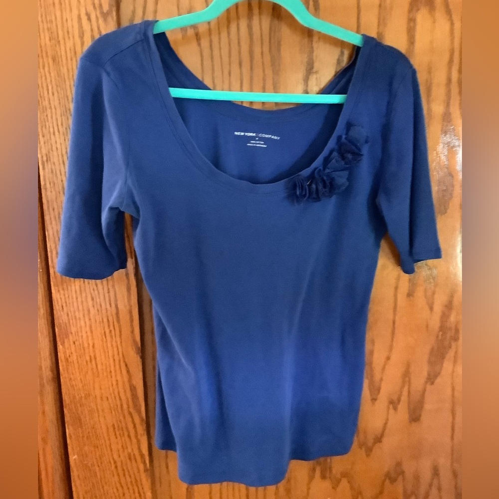New York & Company Blue Fitted Ruffled Blouse